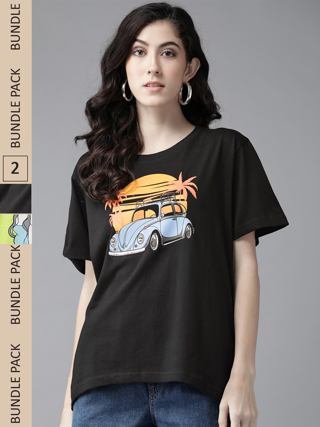 

The Dry State Women Yellow & Black Cotton Printed T-shirt Pack of 2