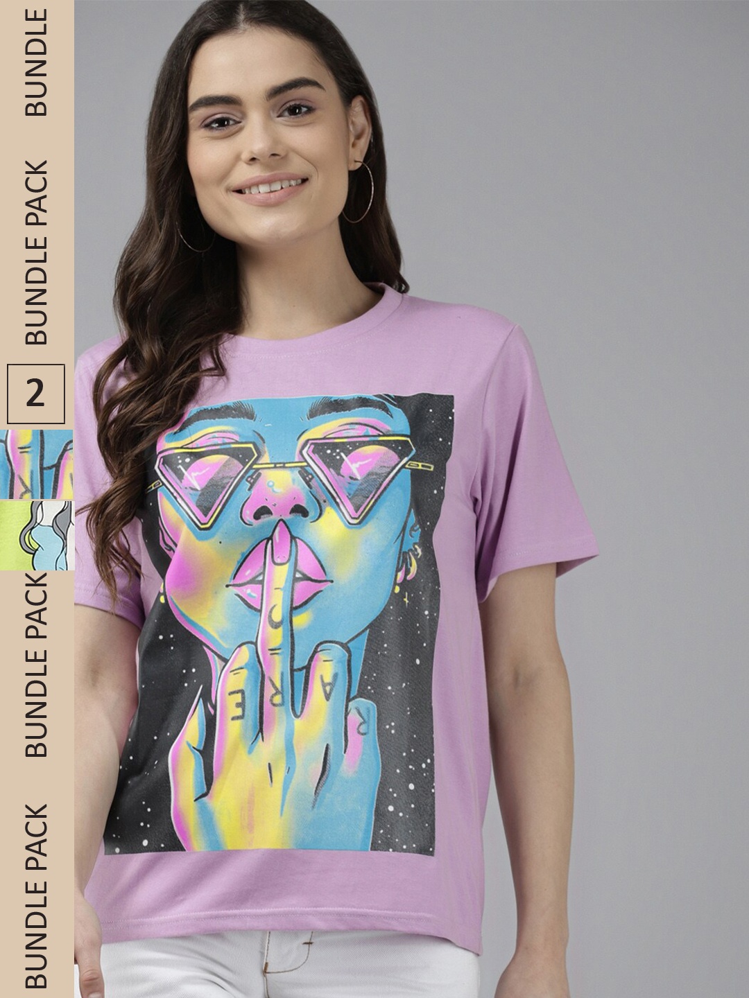 

The Dry State Women Fluorescent Green & Pink Cotton Printed T-shirt Pack of 2