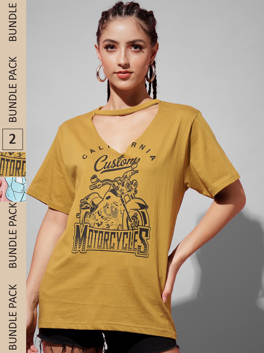 

The Dry State Women Rose & Mustard Yellow Cotton Printed V-Neck T-shirt Pack of 2