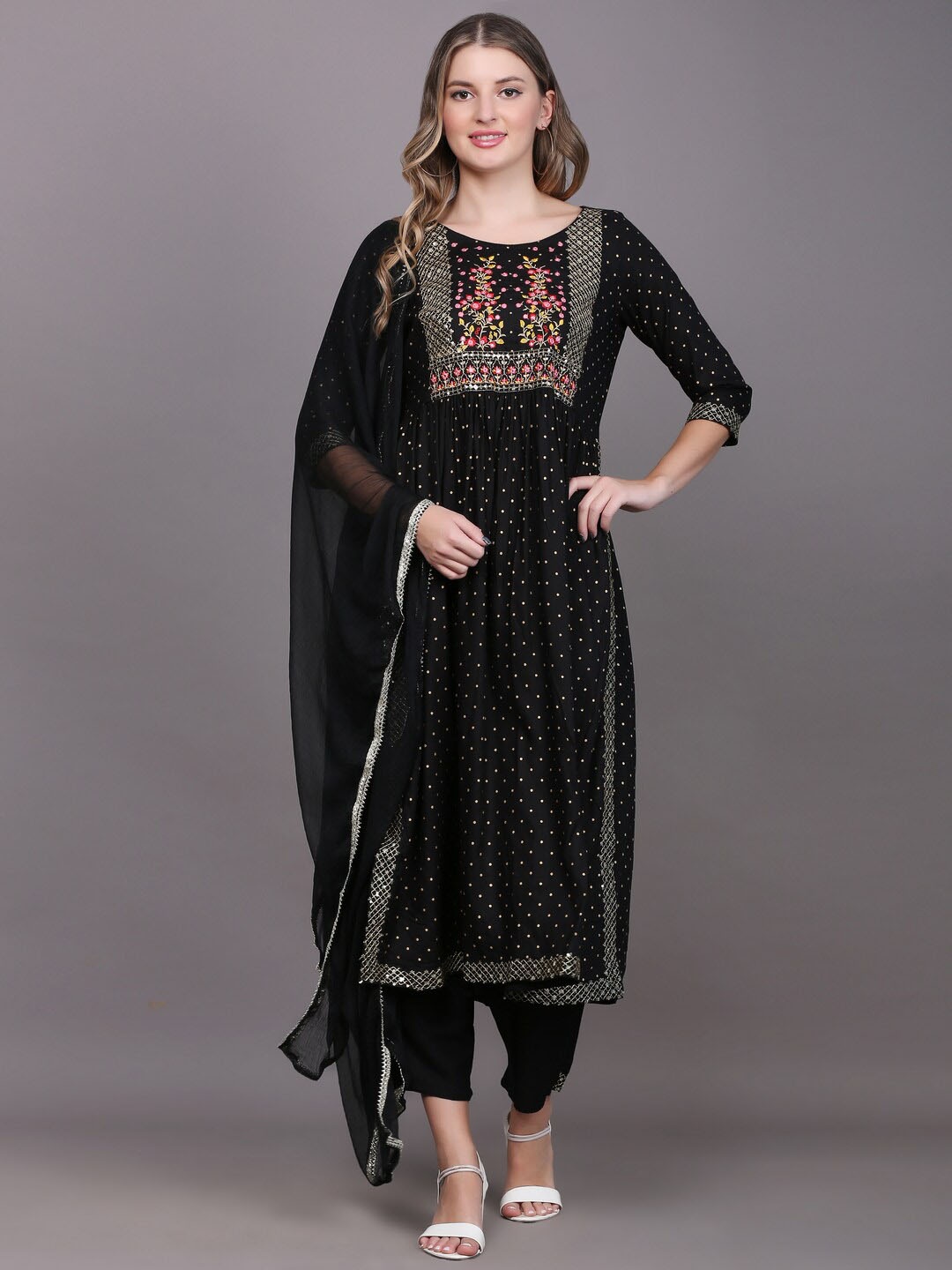 

TOULIN Women Black Floral Yoke Design Thread Work Kurta with Palazzos & With Dupatta