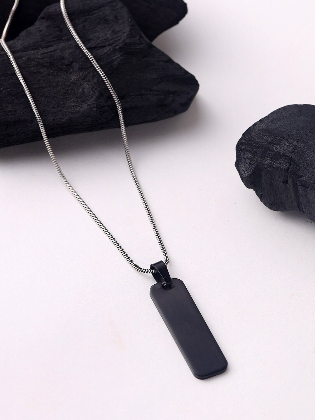 

VIRAASI Black & Silver-Toned Dog Tag Pendant With Chain