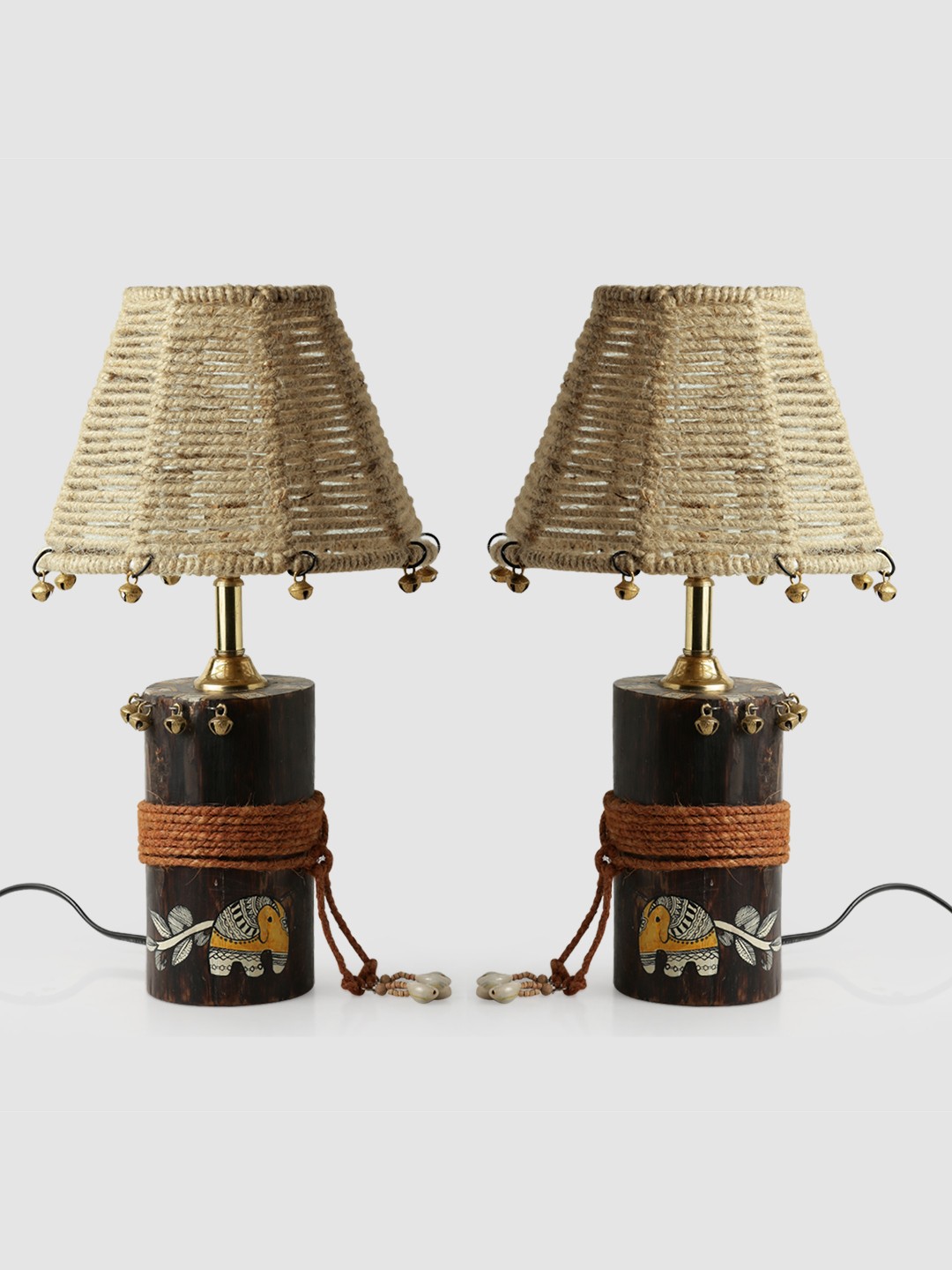 

ExclusiveLane Set Of 2 Brown Modern Frosted Glass Sheesham Wooden Column Table Lamp