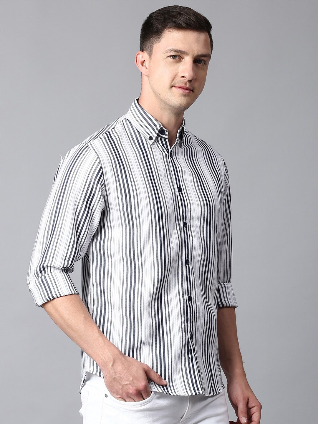 

Dennis Lingo Men Striped Cotton Slim Fit Casual Shirt, White