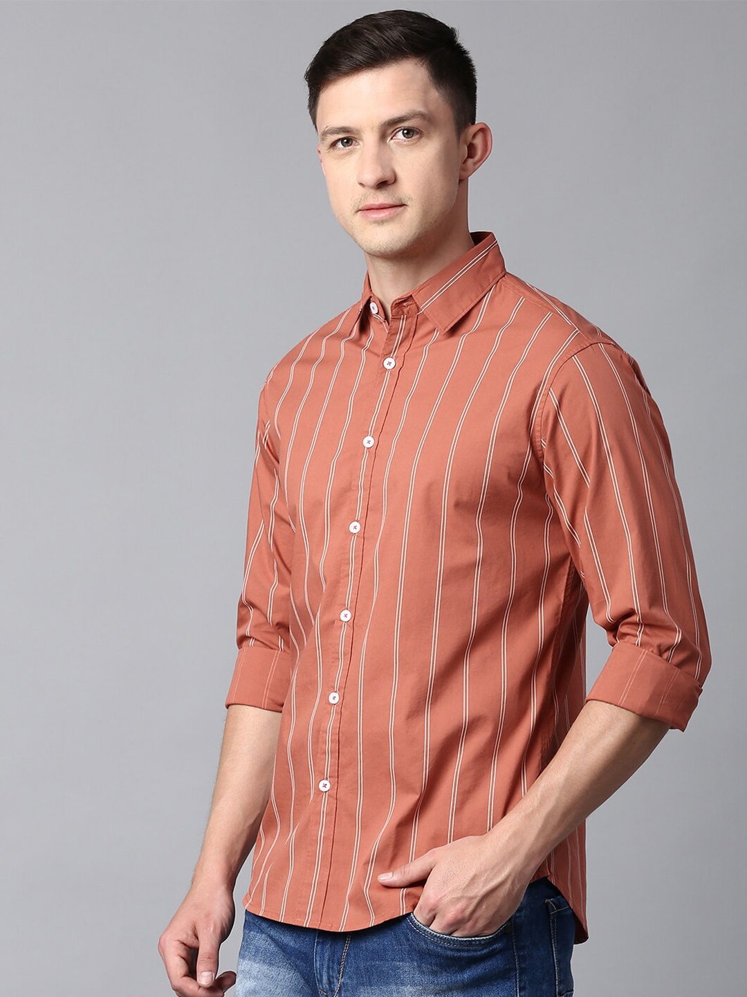 

Dennis Lingo Men Comfort Slim Fit Striped Casual Shirt, Rust