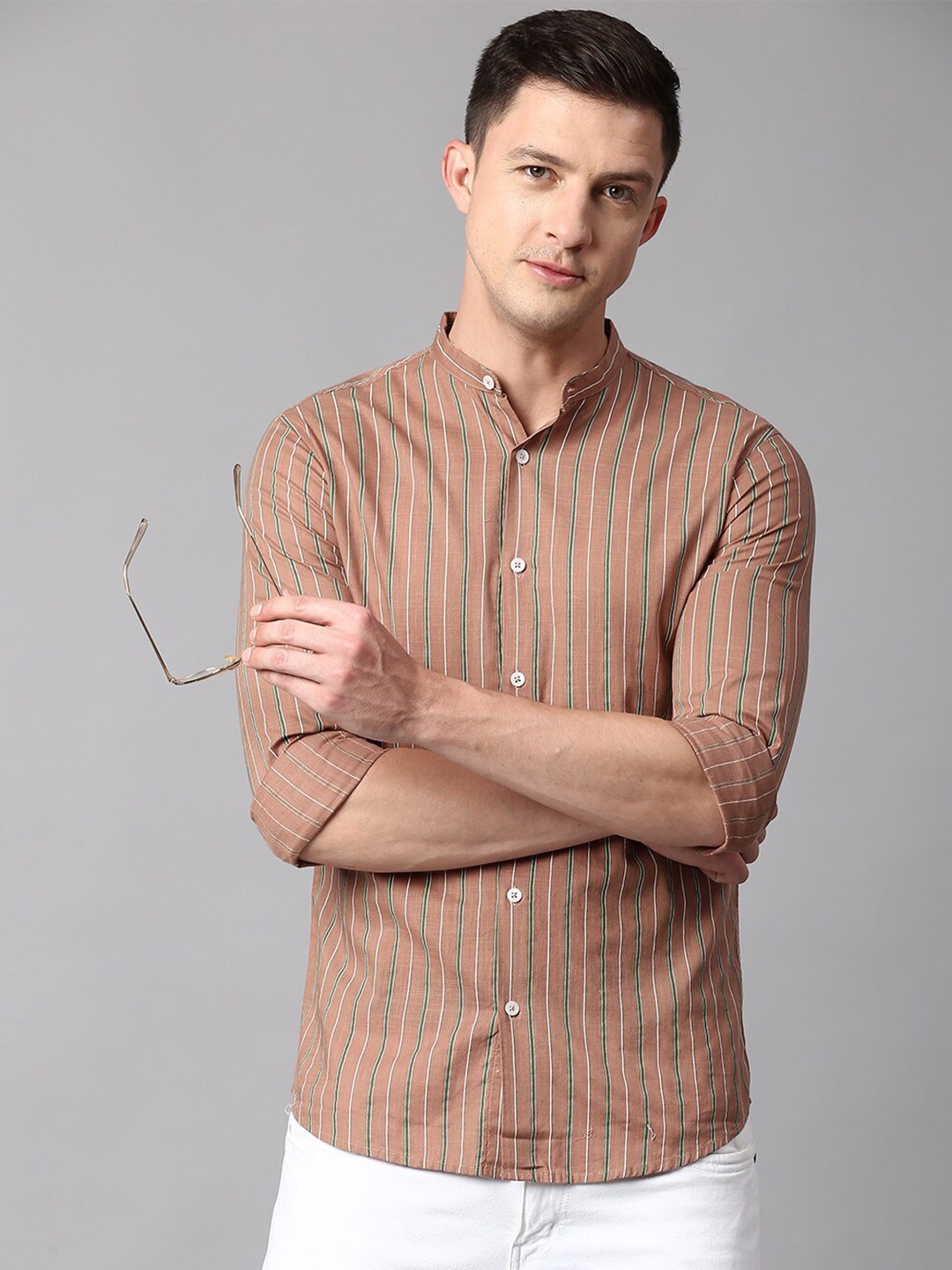 

Dennis Lingo Men Slim Fit Striped Casual Shirt, Brown