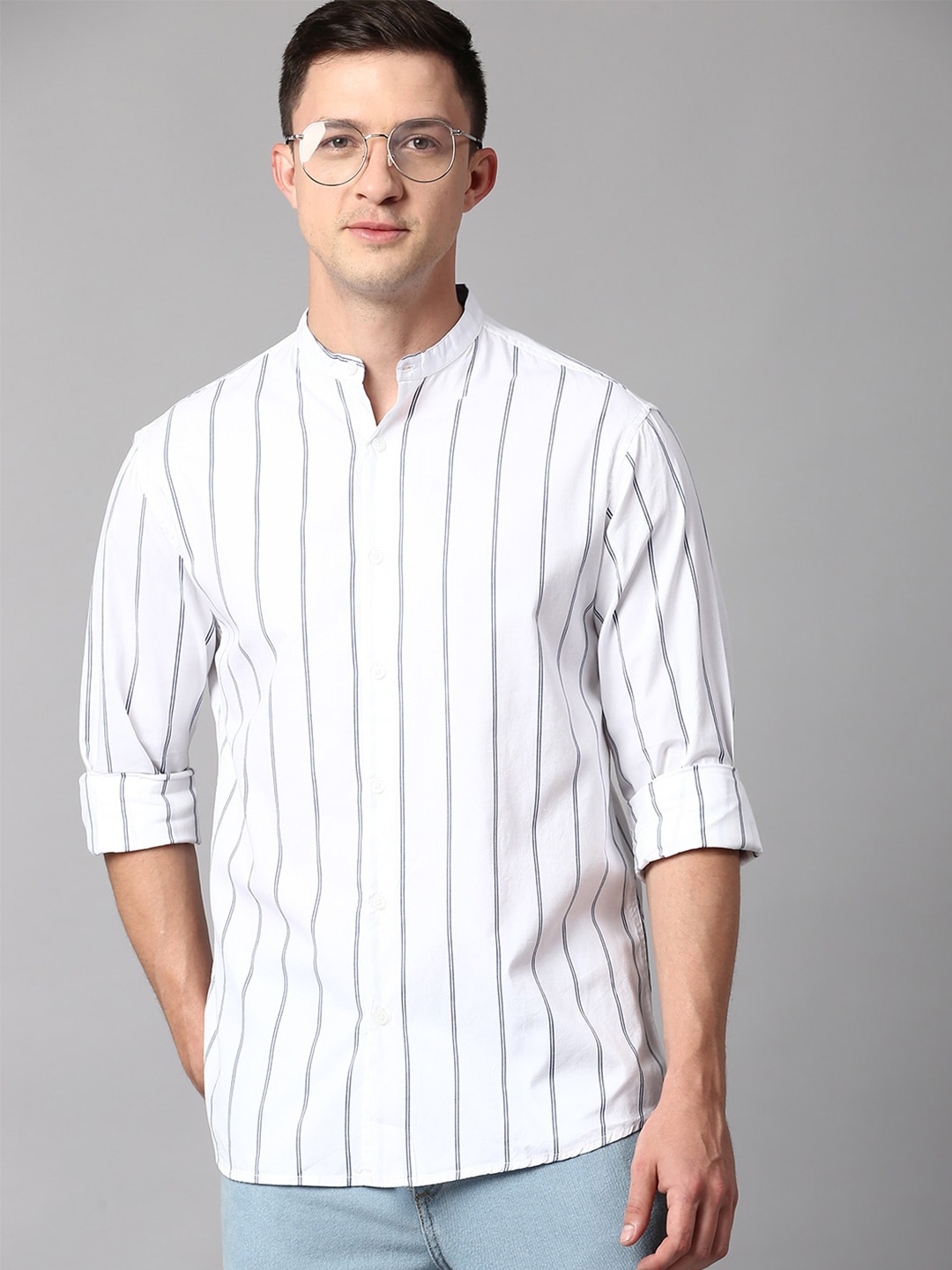 

Dennis Lingo Men White Slim Fit Striped Casual Shirt