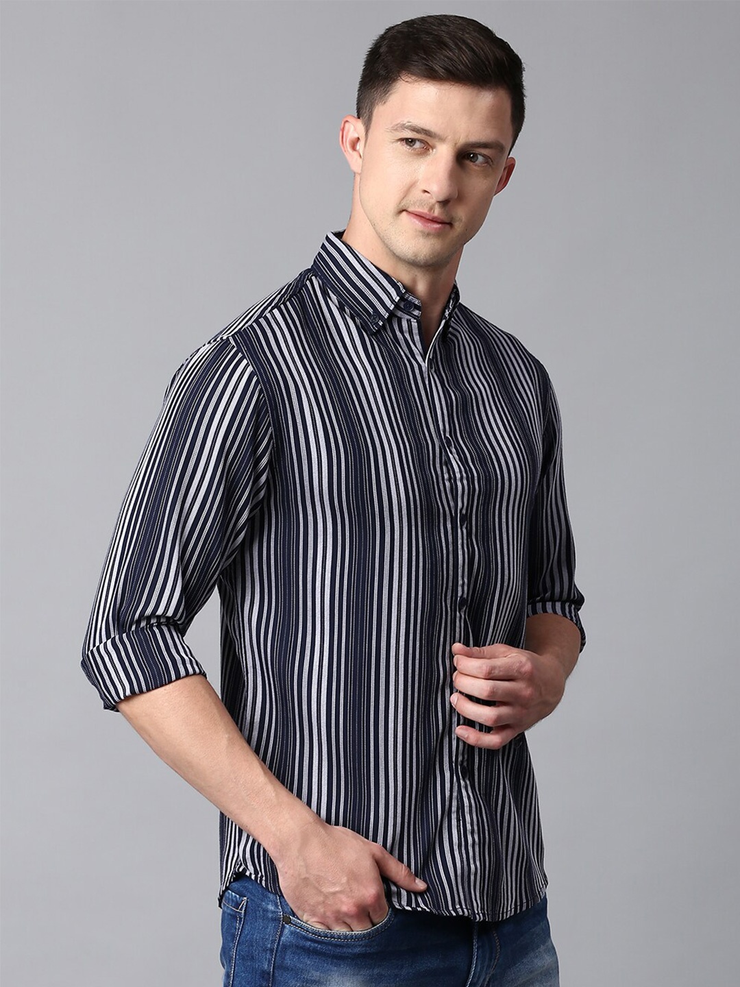 

Dennis Lingo Men Slim Fit Striped Casual Shirt, Navy blue
