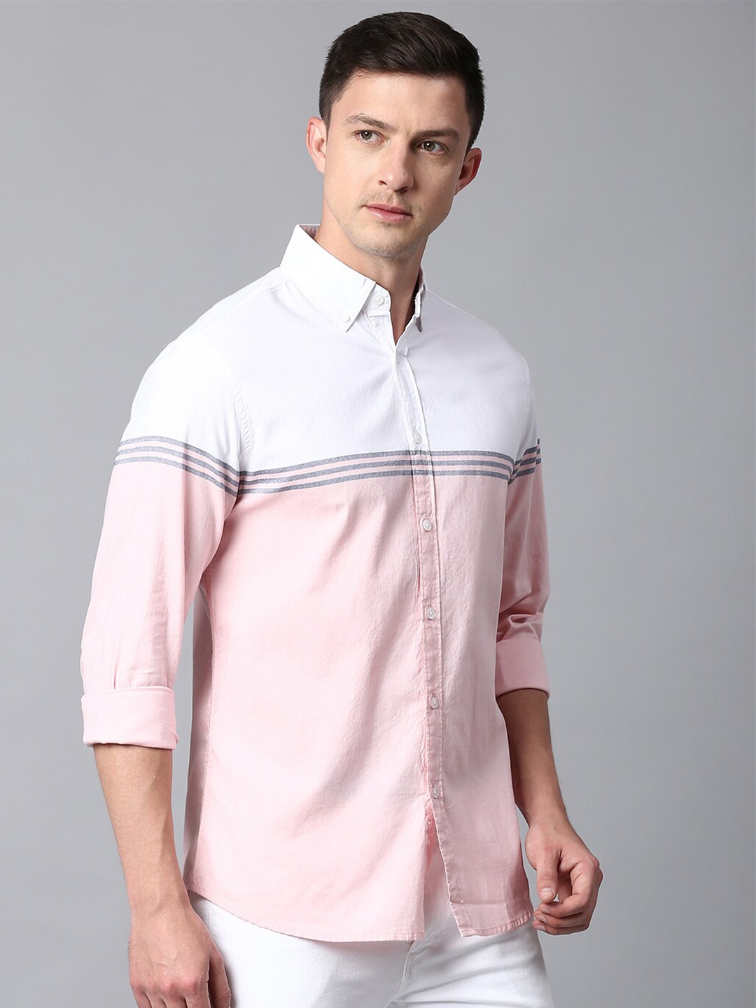 

Dennis Lingo Men Comfort Slim Fit Striped Casual Shirt, Peach