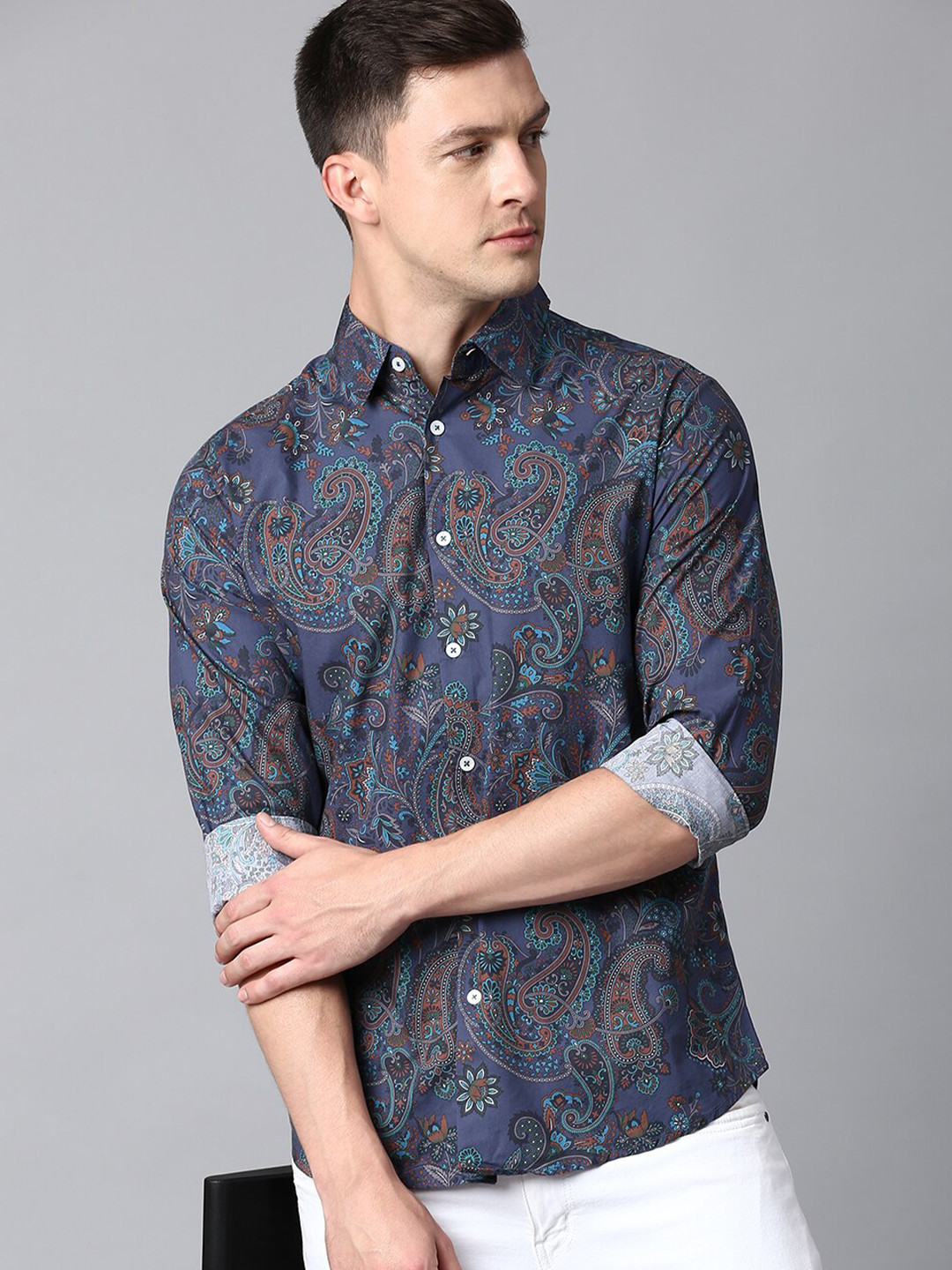 

Dennis Lingo Men Cotton Slim Fit Printed Casual Shirt, Blue