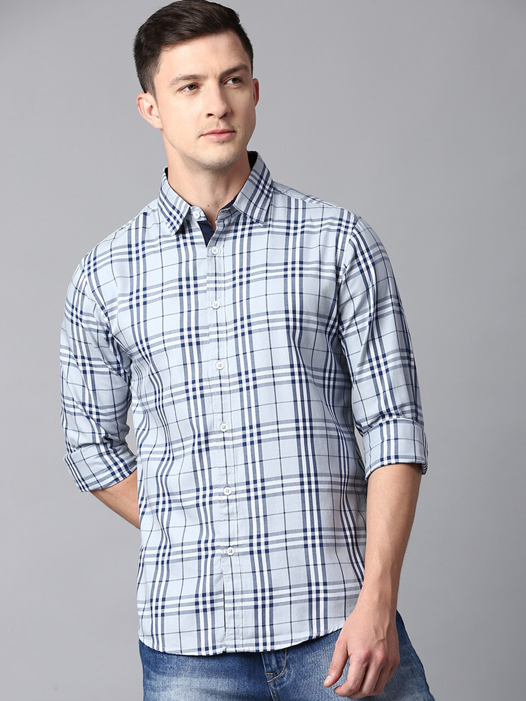 

Dennis Lingo Men Cotton Slim Fit Tartan Checks Checked Casual Shirt, Grey