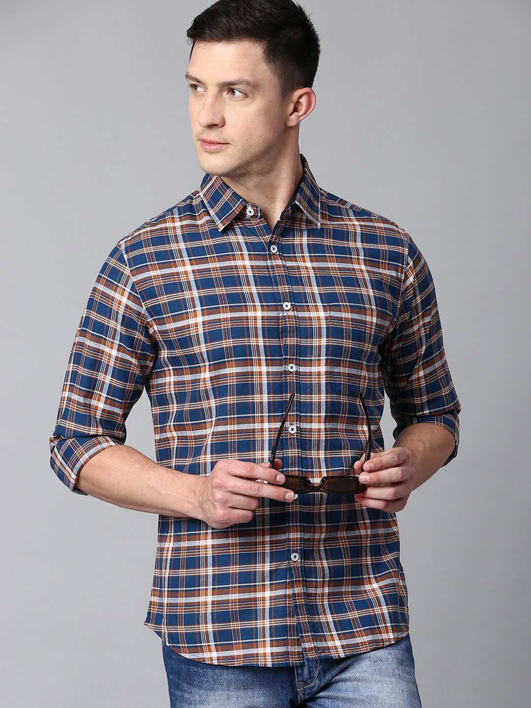 

Dennis Lingo Men Cotton Slim Fit Tartan Checks Checked Casual Shirt, Blue