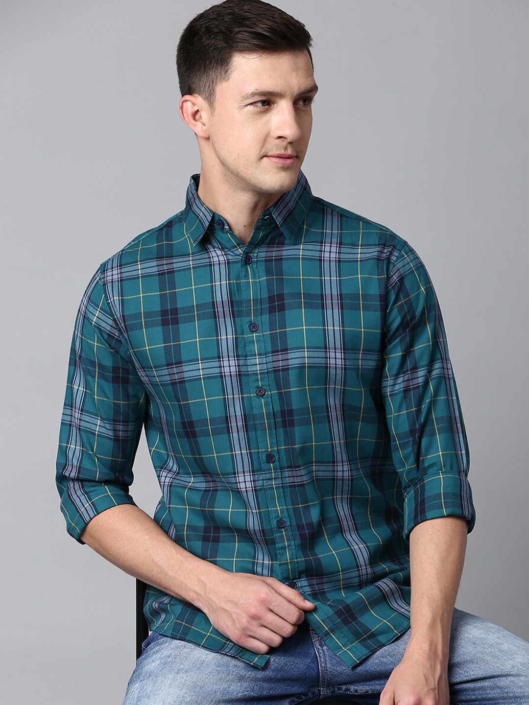 

Dennis Lingo Men Cotton Slim Fit Tartan Checks Checked Casual Shirt, Teal
