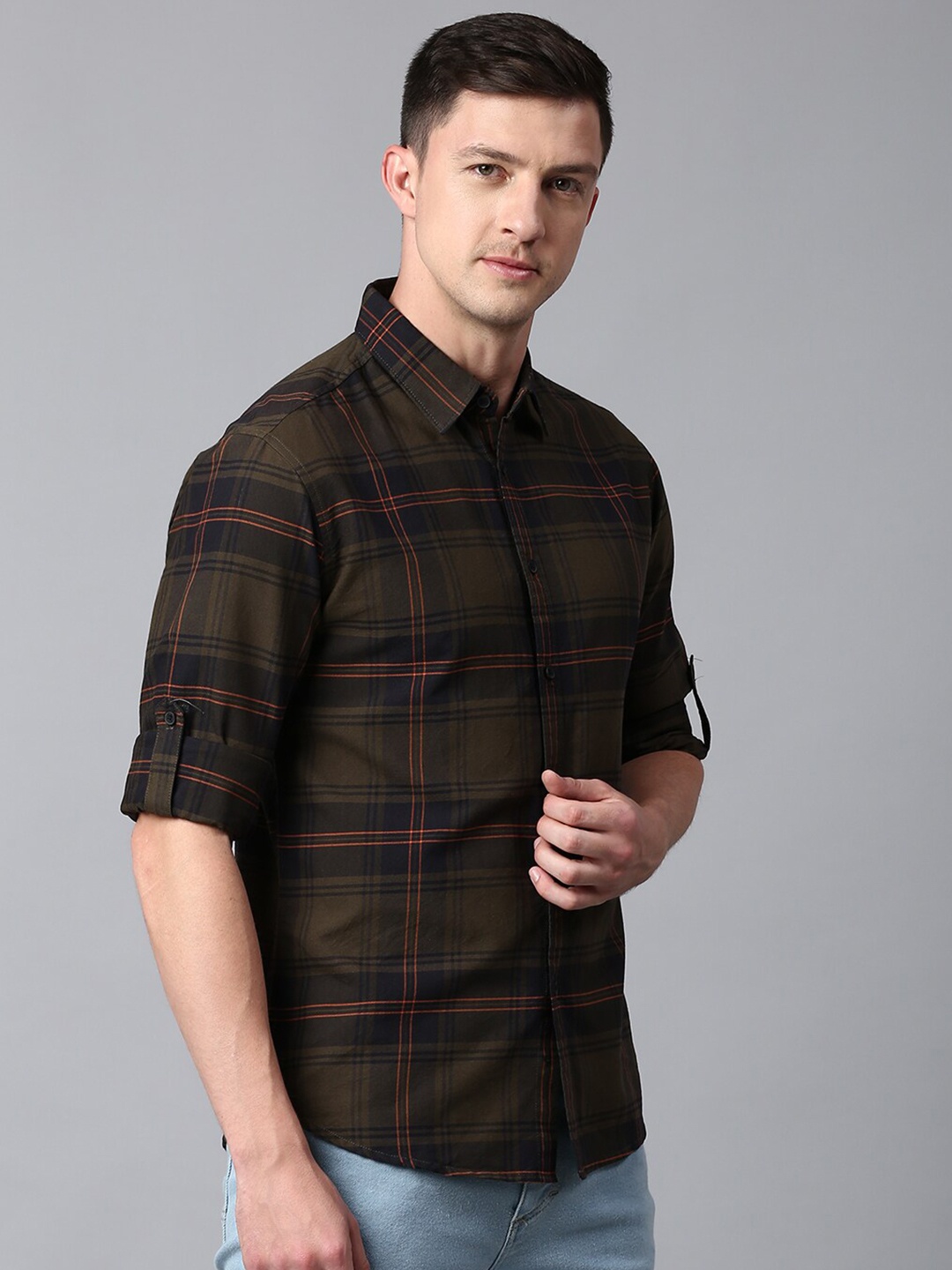 

Dennis Lingo Men Cotton Slim Fit Tartan Checks Checked Casual Shirt, Olive
