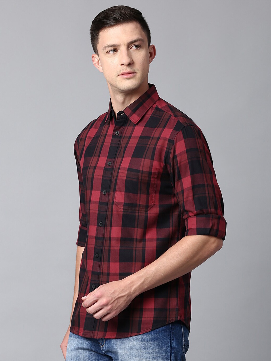 

Dennis Lingo Men Cotton Slim Fit Tartan Checks Checked Casual Shirt, Red