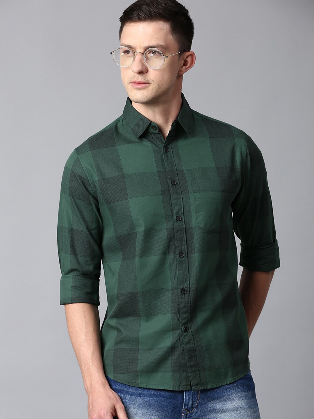 

Dennis Lingo Men Cotton Slim Fit Checked Casual Shirt, Green