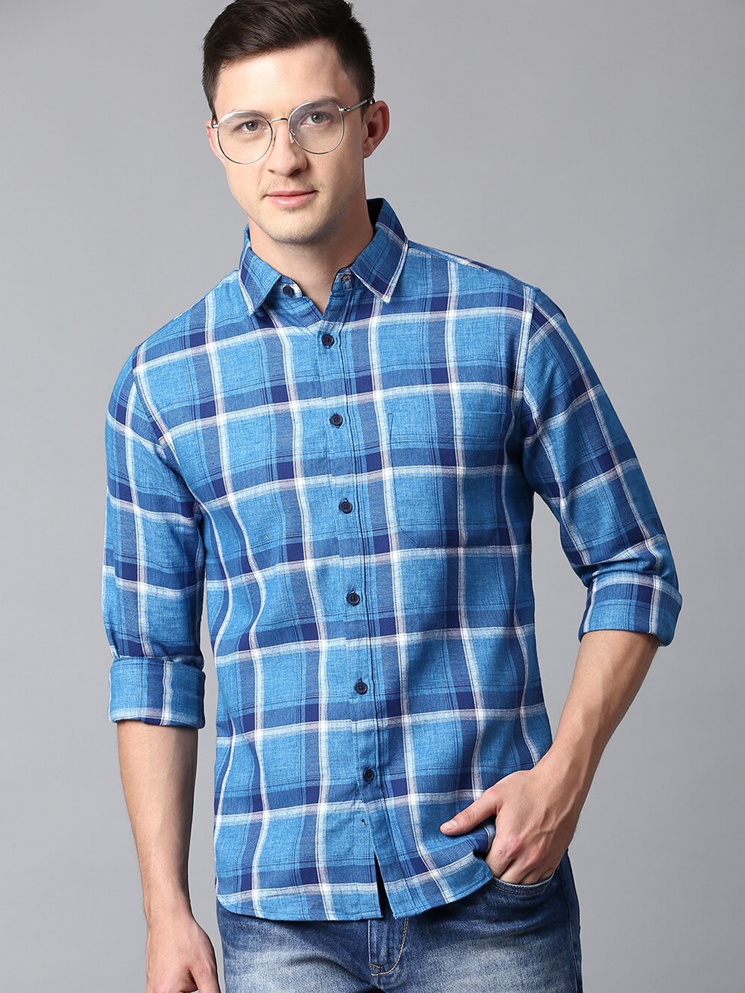 

Dennis Lingo Men Cotton Slim Fit Tartan Checks Checked Casual Shirt, Blue
