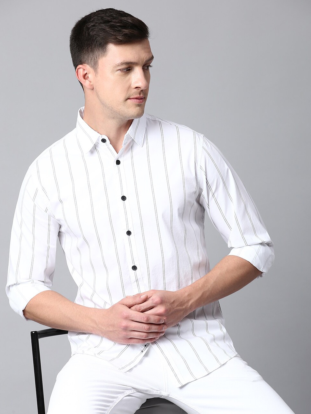 

Dennis Lingo Men Slim Fit Striped Cotton Casual Shirt, White