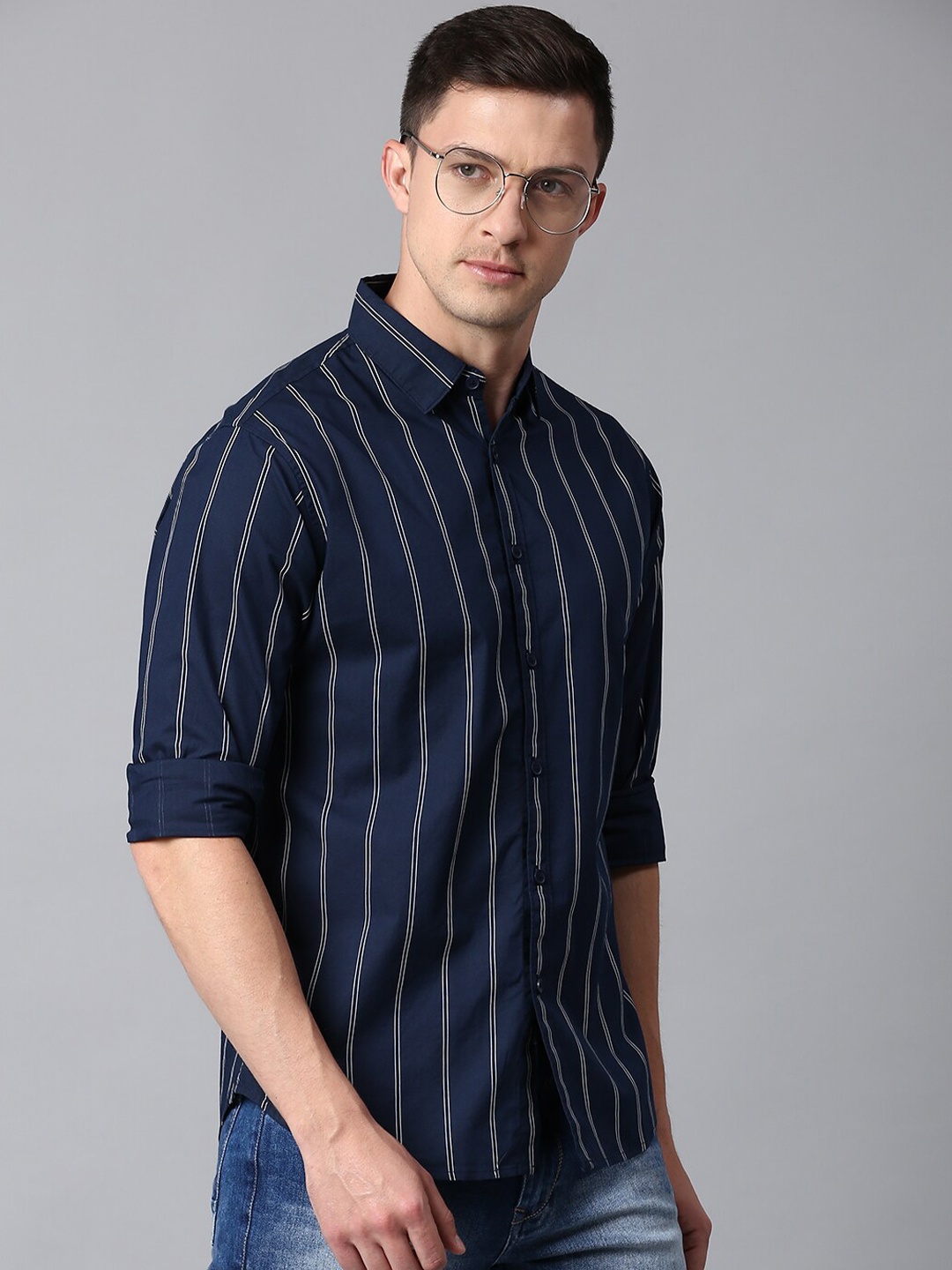

Dennis Lingo Men Cotton Slim Fit Striped Casual Shirt, Navy blue