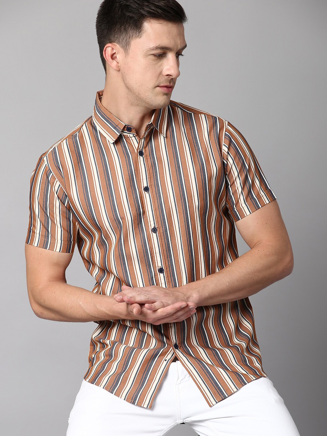 

Dennis Lingo Men Cotton Slim Fit Striped Casual Shirt, Rust