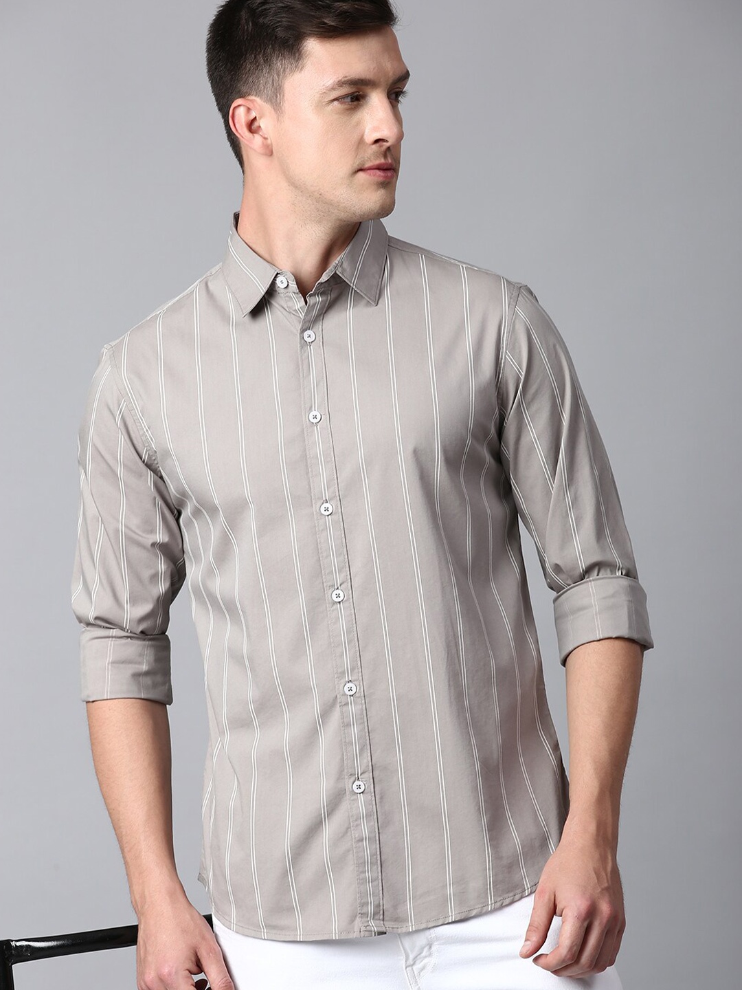 

Dennis Lingo Men Cotton Slim Fit Striped Casual Shirt, Grey