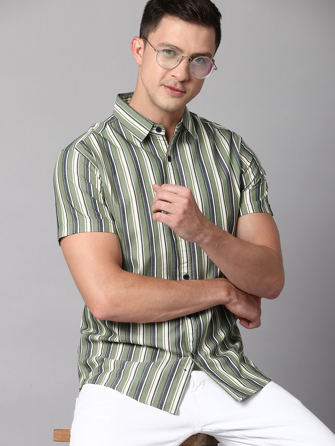 

Dennis Lingo Men Cotton Slim Fit Multi Stripes Striped Casual Shirt, Green