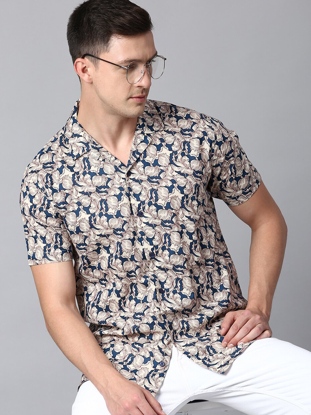 

Dennis Lingo Men Cotton Slim Fit Floral Printed Casual Shirt, Blue