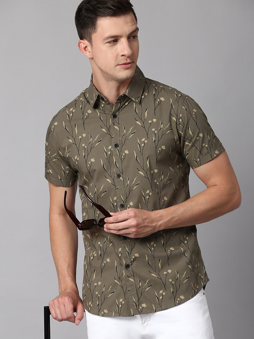 

Dennis Lingo Men Slim Fit Cotton Floral Printed Casual Shirt, Green
