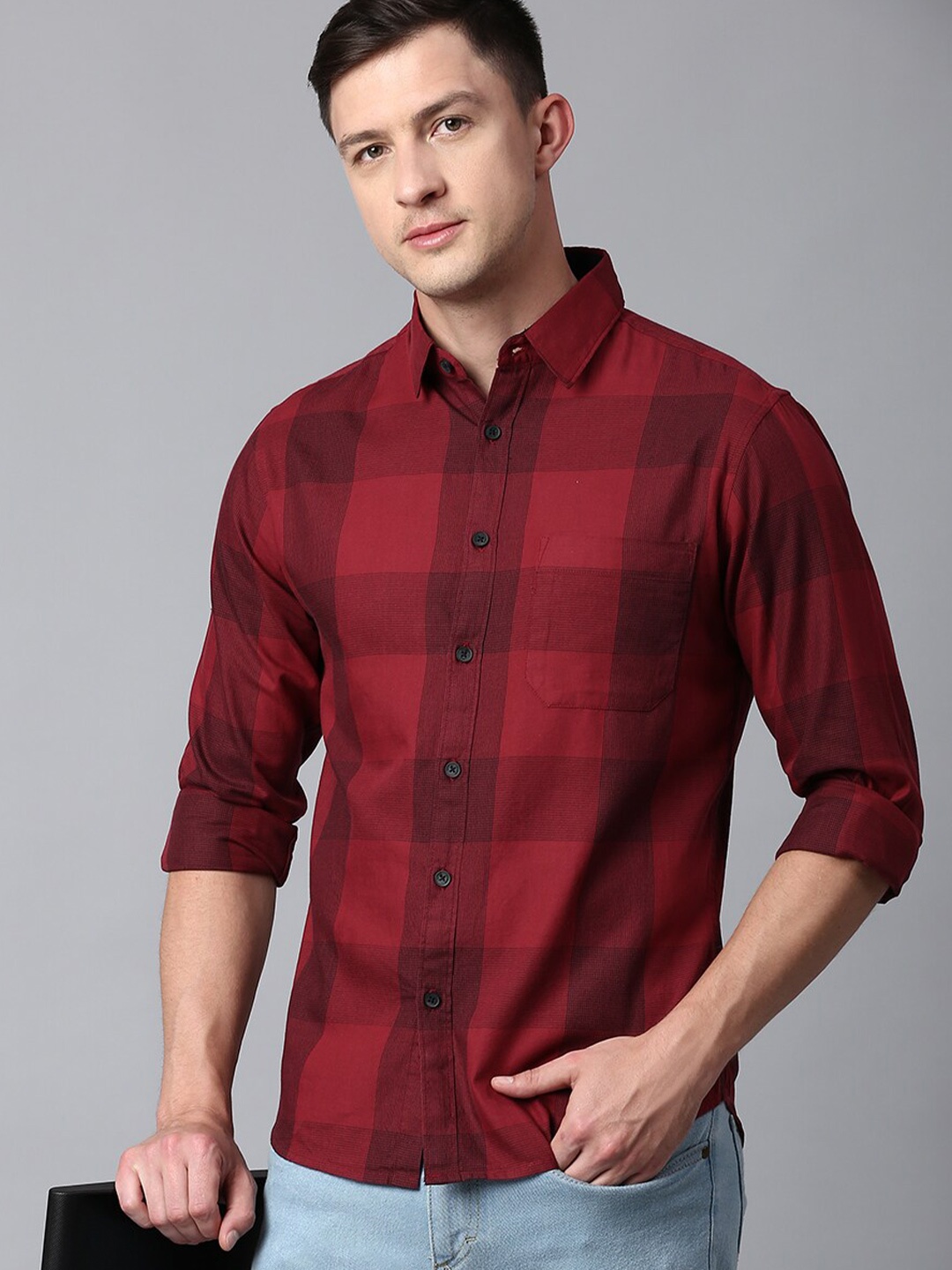 

Dennis Lingo Men Slim Fit Cotton Checked Casual Shirt, Red