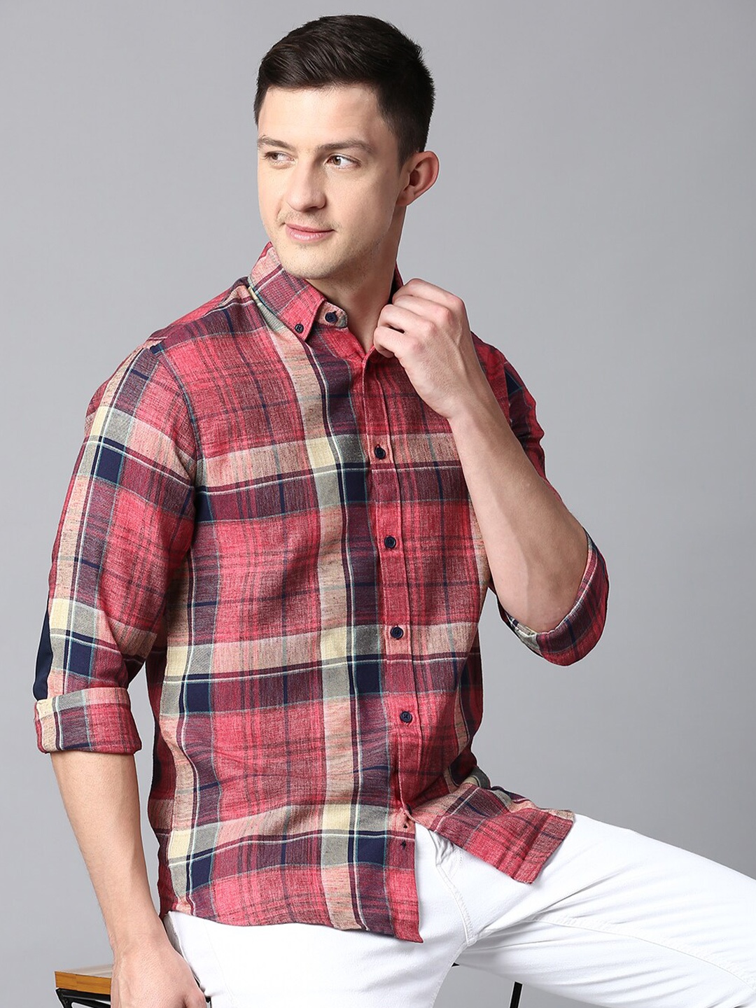 

Dennis Lingo Men Slim Fit Cotton Tartan Checked Casual Shirt, Red