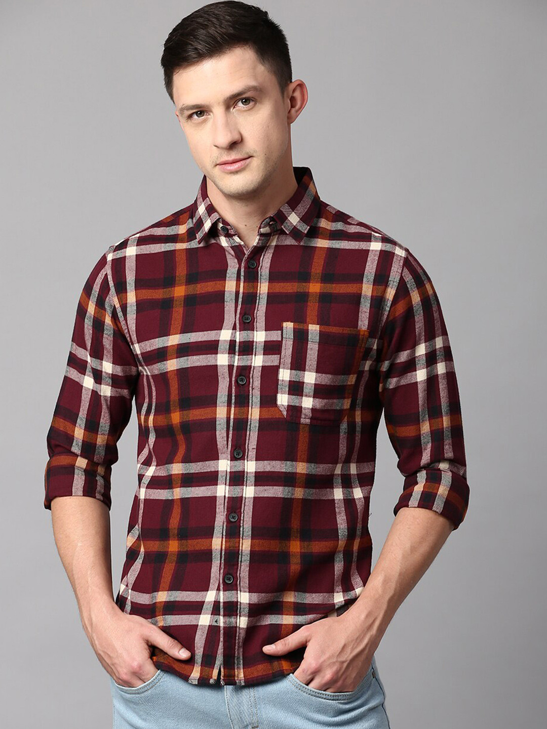 

Dennis Lingo Men Slim Fit Cotton Tartan Checked Casual Shirt, Maroon