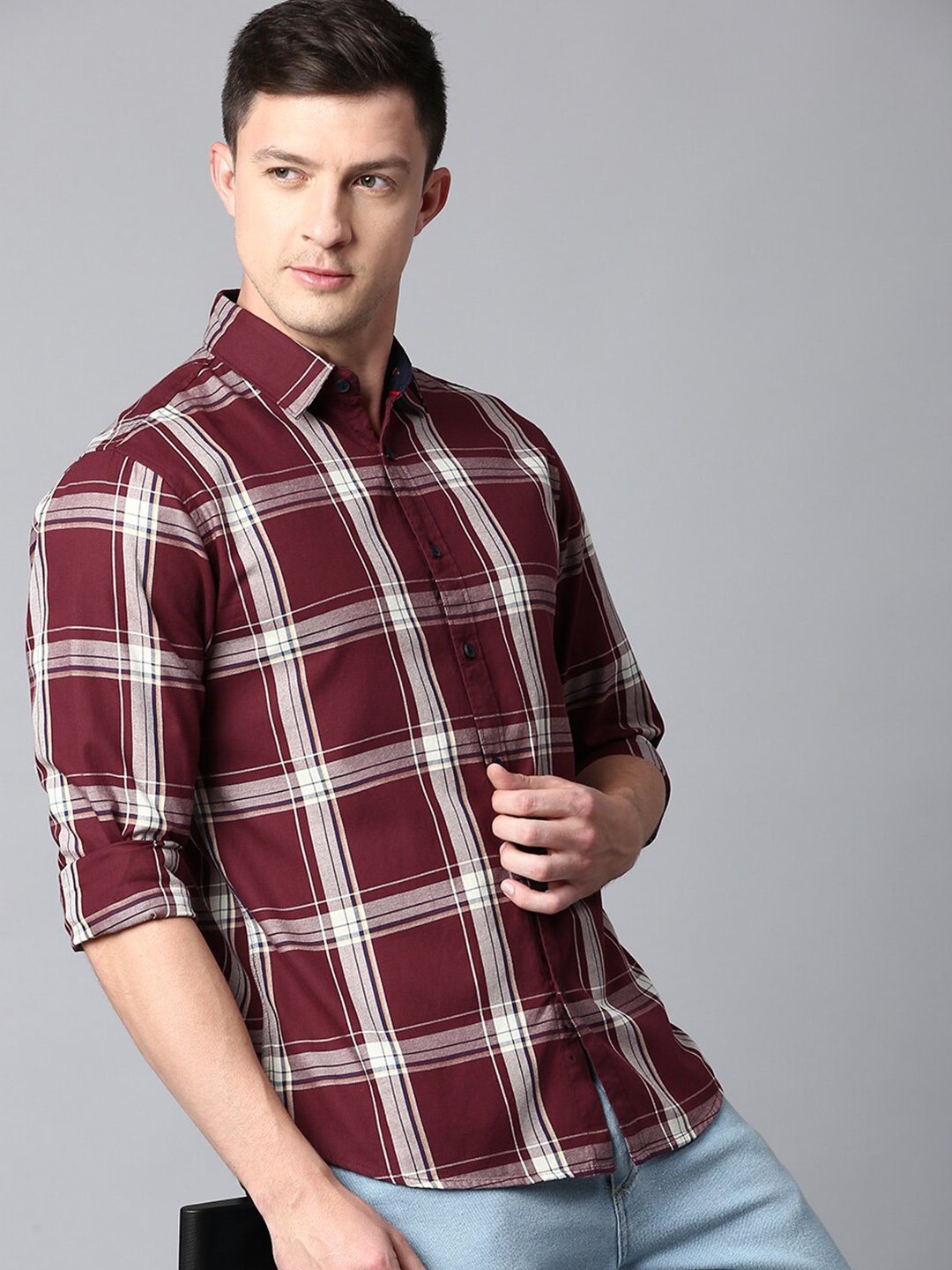 

Dennis Lingo Men Slim Fit Cotton Tartan Checks Checked Casual Shirt, Maroon
