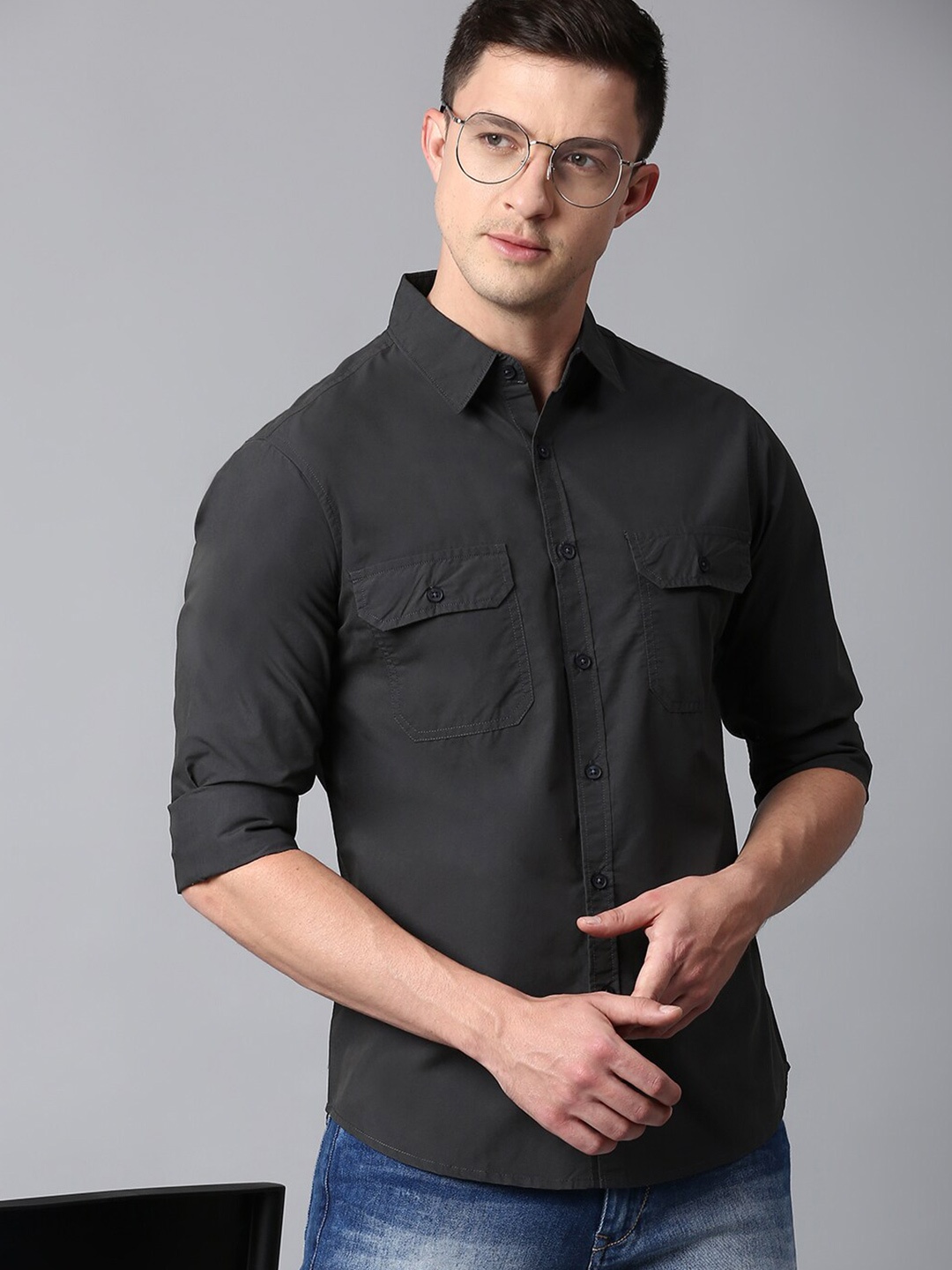 

Dennis Lingo Men Slim Fit Cotton Casual Shirt, Grey