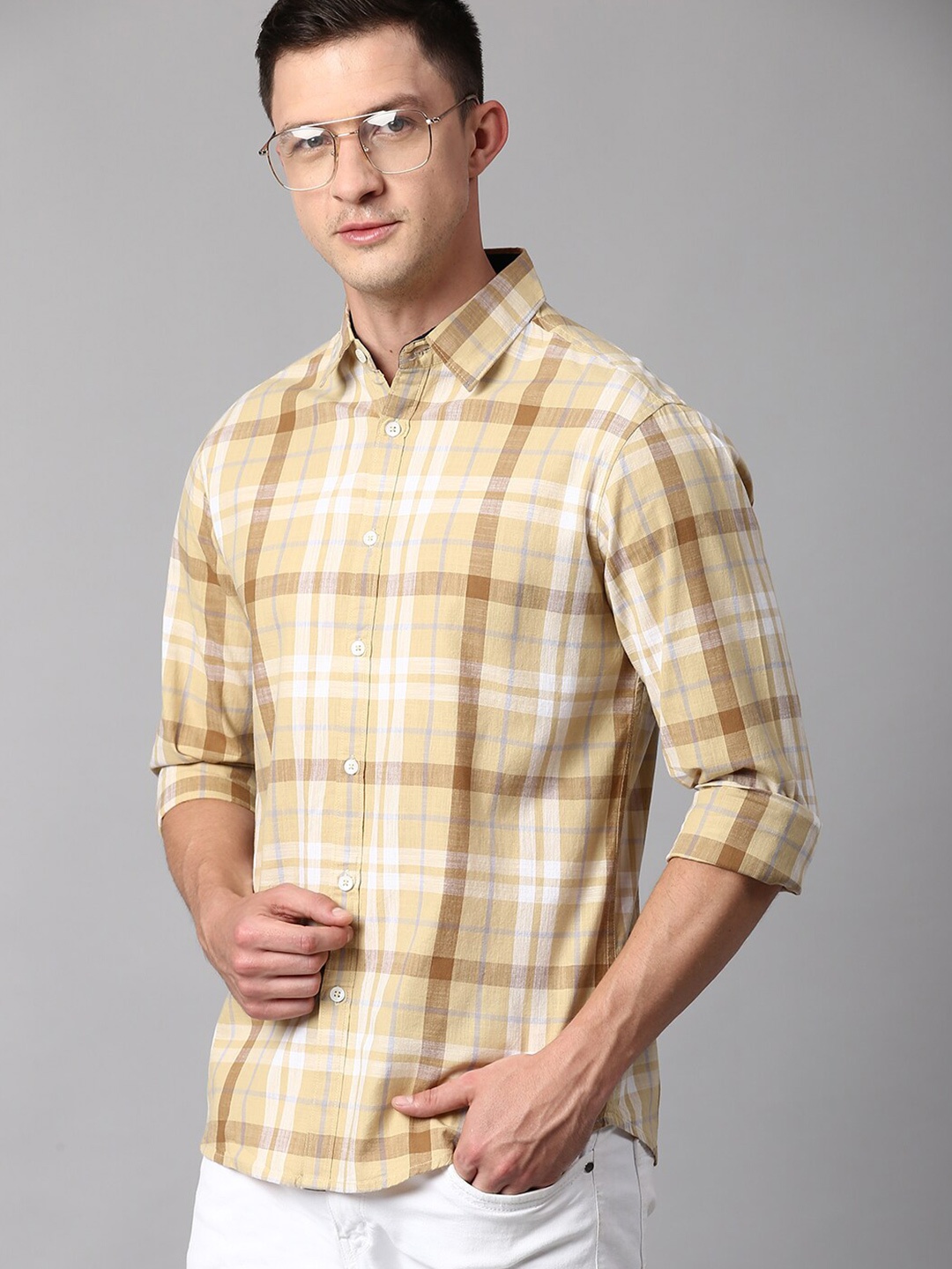 

Dennis Lingo Men Slim Fit Cotton Tartan Checked Casual Shirt, Mustard