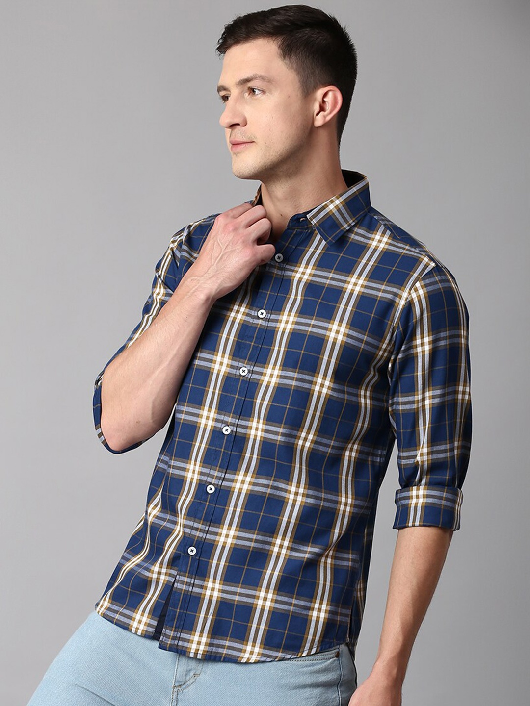 

Dennis Lingo Men Slim Fit Cotton Tartan Checked Casual Shirt, Blue