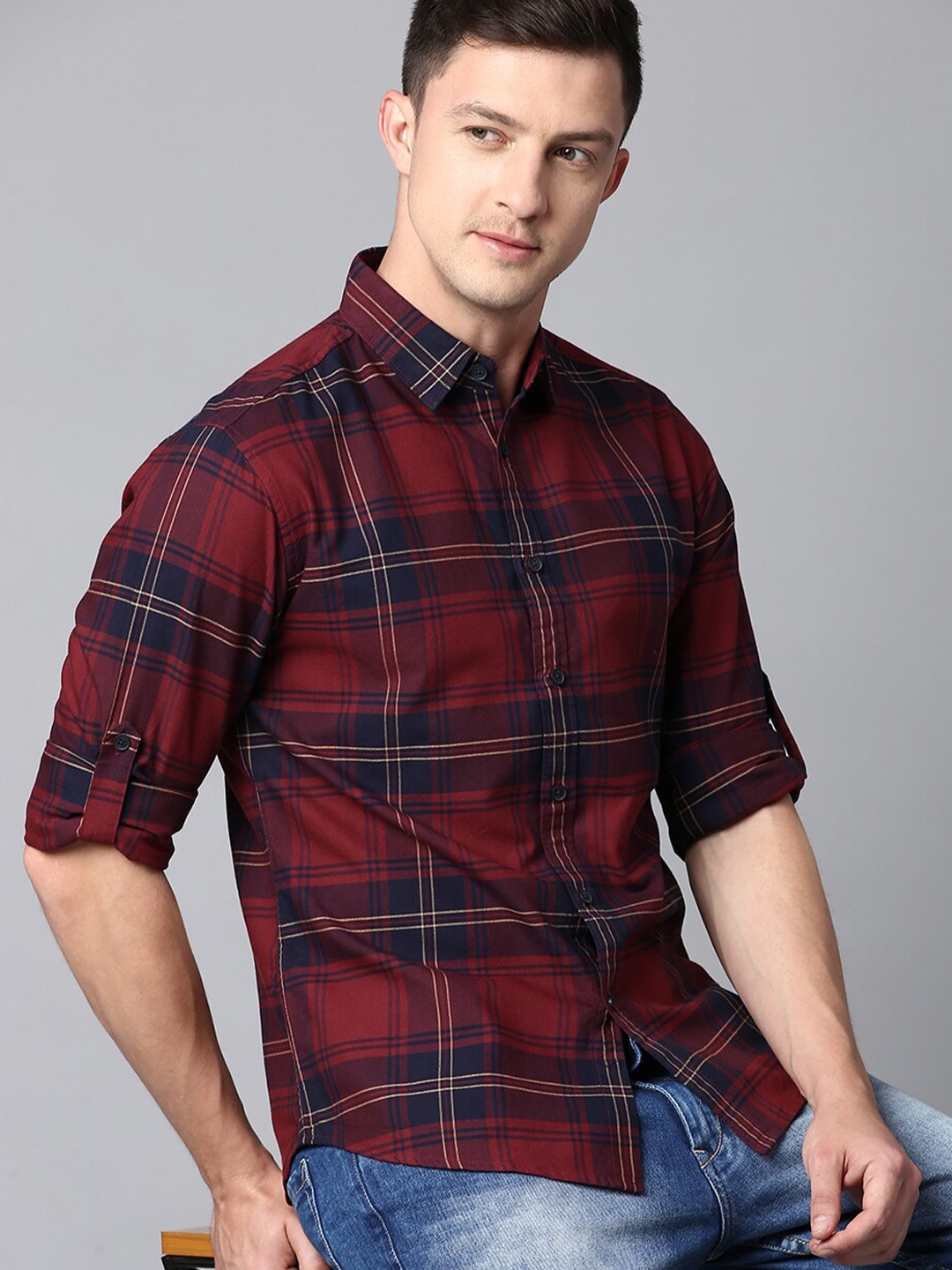 

Dennis Lingo Men Slim Fit Cotton Tartan Checked Casual Shirt, Maroon