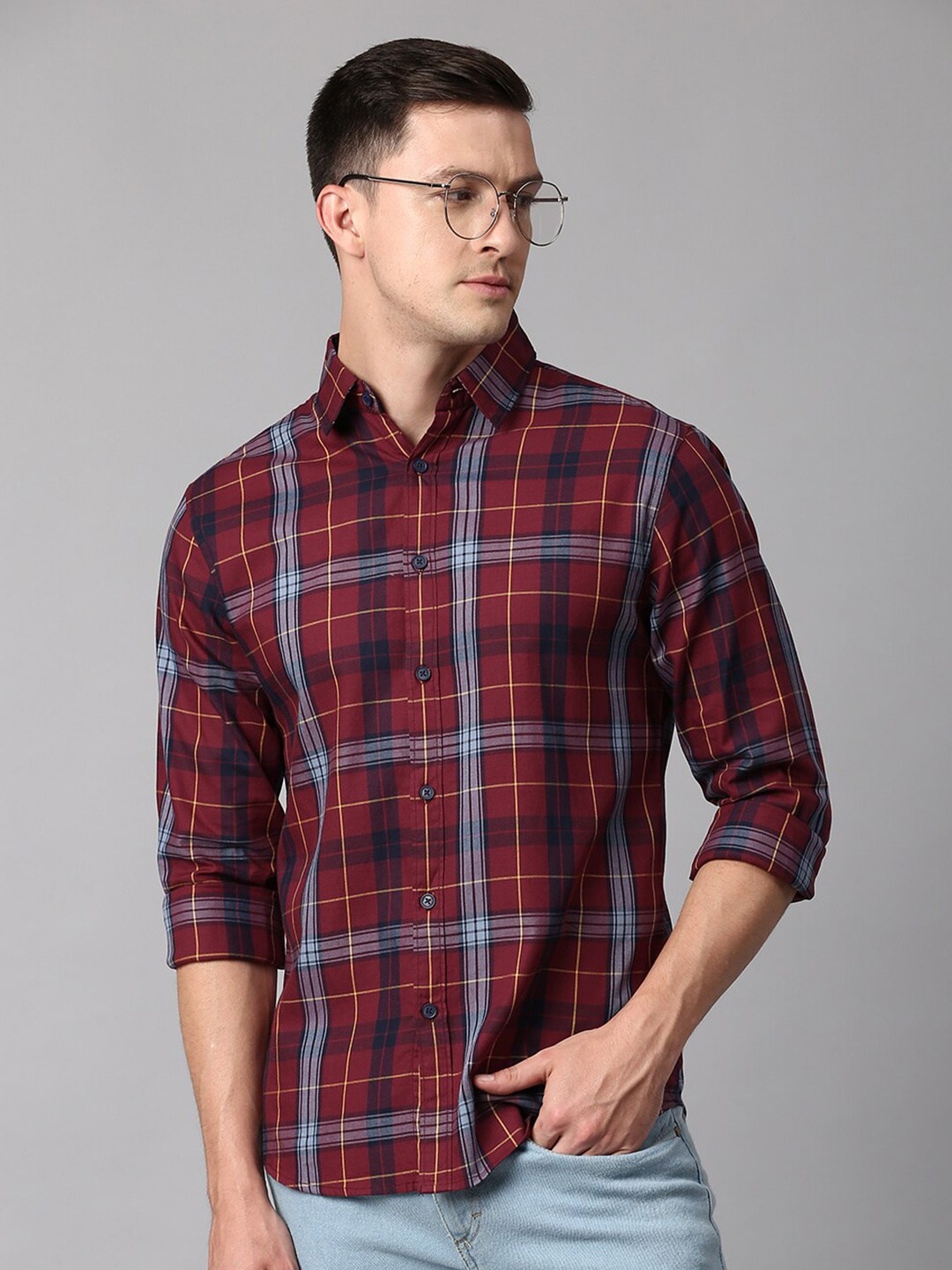 

Dennis Lingo Men Slim Fit Cotton Tartan Checked Casual Shirt, Maroon