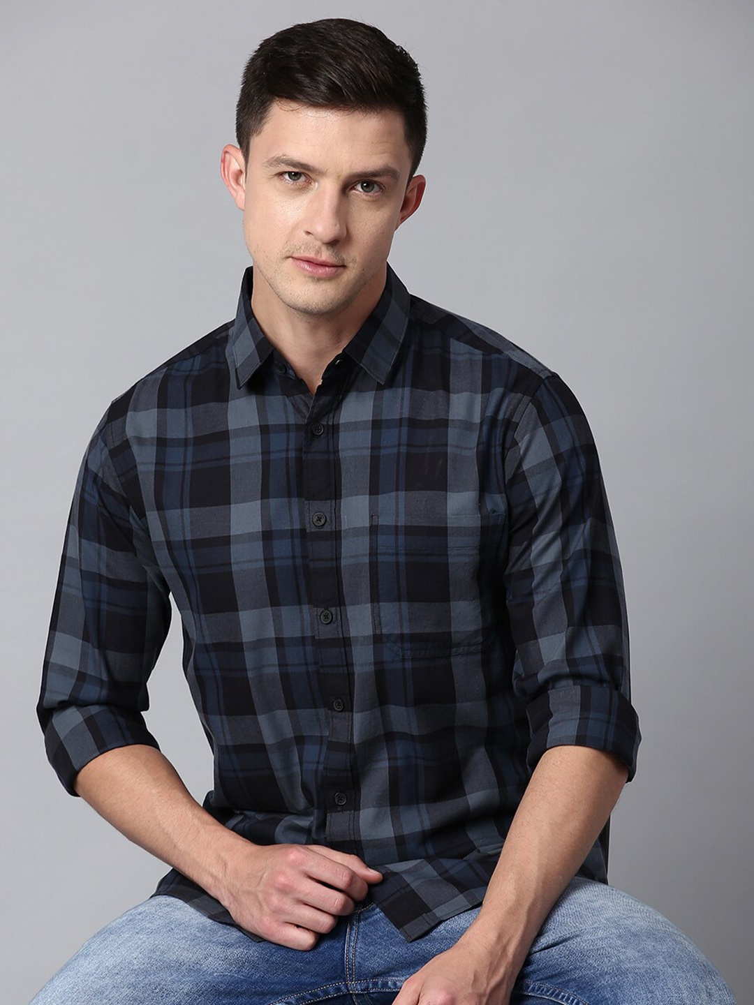 

Dennis Lingo Men Slim Fit Cotton Tartan Checked Casual Shirt, Grey