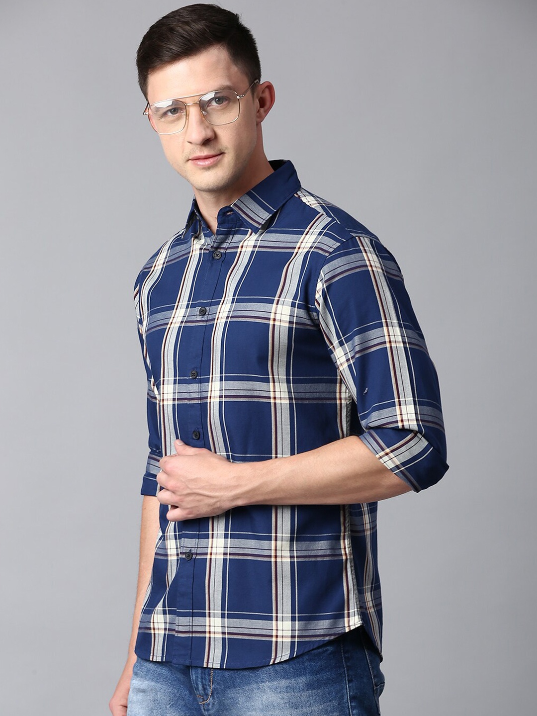 

Dennis Lingo Men Slim Fit Cotton Tartan Checks Checked Casual Shirt, Blue