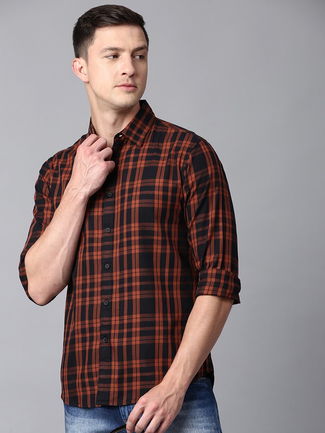 

Dennis Lingo Men Slim Fit Cotton Tartan Checked Casual Shirt, Orange
