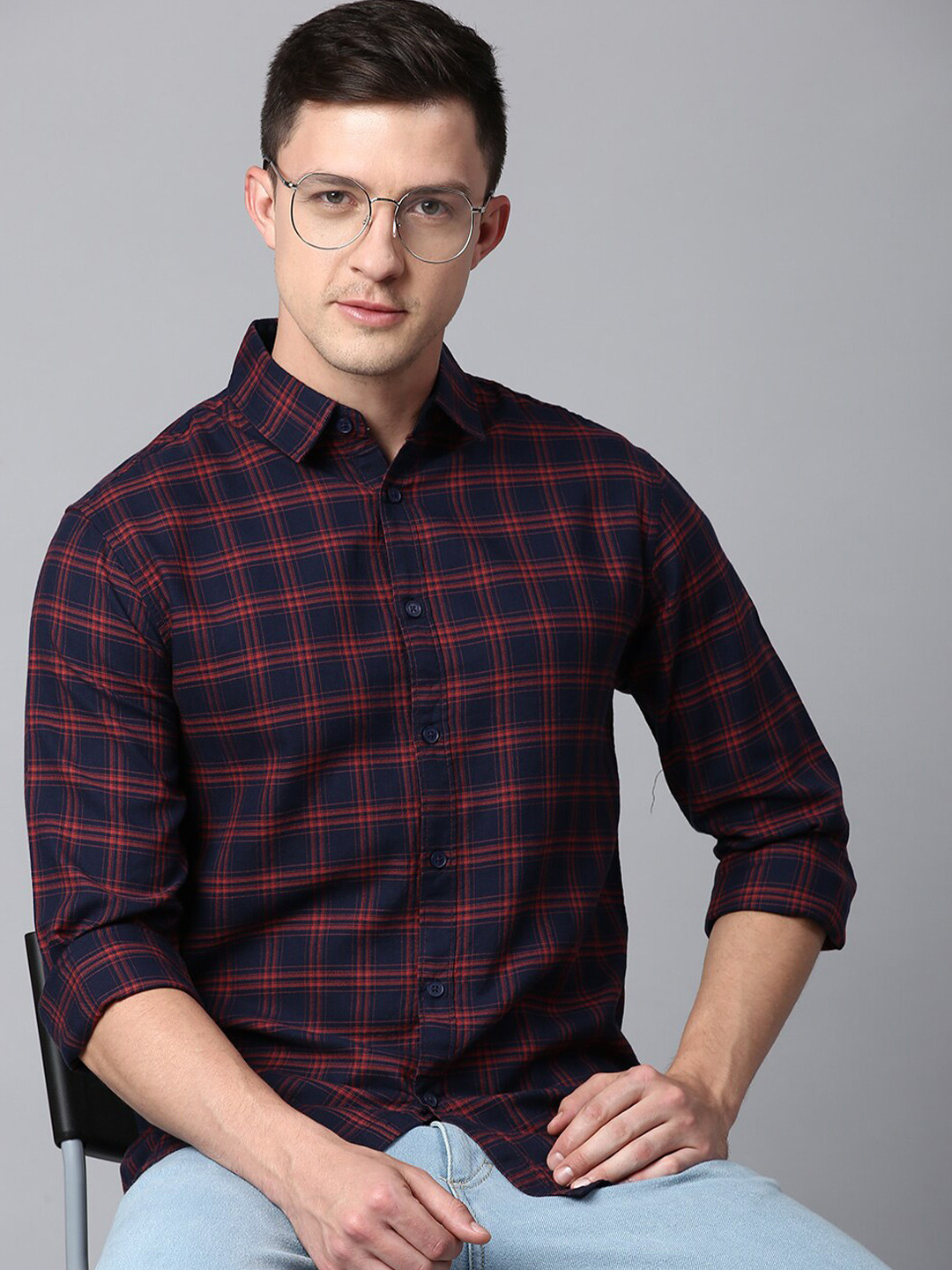 

Dennis Lingo Men Cotton Slim Fit Checked Casual Shirt, Navy blue