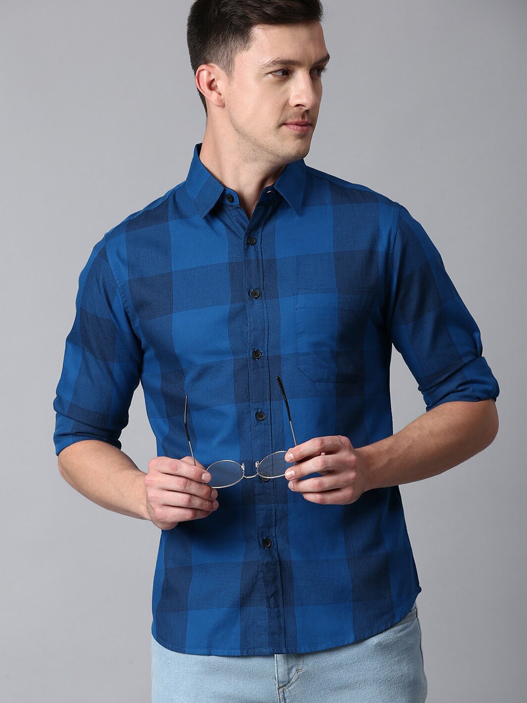 

Dennis Lingo Men Slim Fit Cotton Buffalo Checked Casual Shirt, Blue