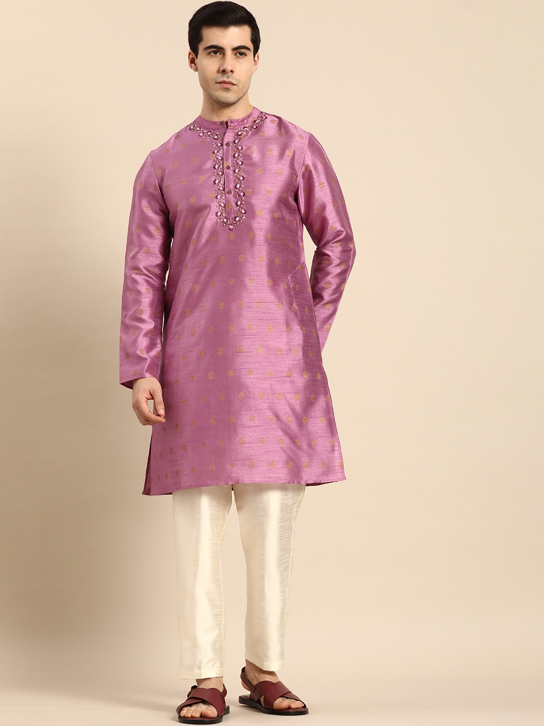 

Anouk Embroidered Straight Geometric Printed Kurta with Trousers, Pink