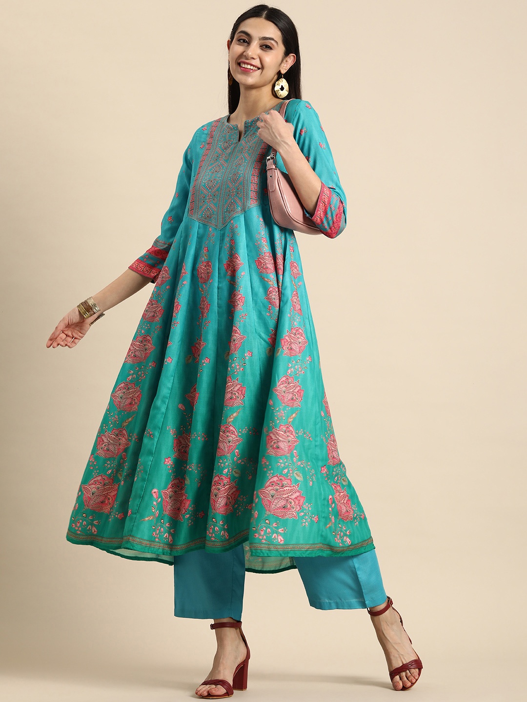 

Anouk Floral Printed Kurta with Palazzos, Teal