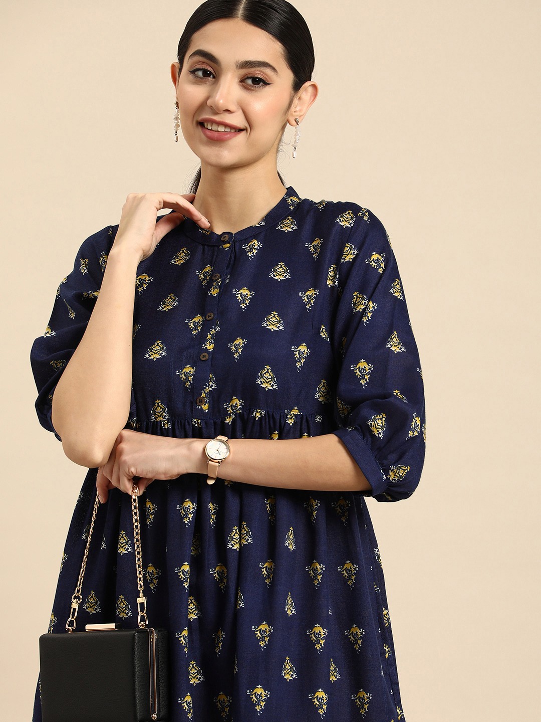 

Anouk Ethnic Motifs Print A-Line Dress With Gathered or Pleated Detailing, Navy blue