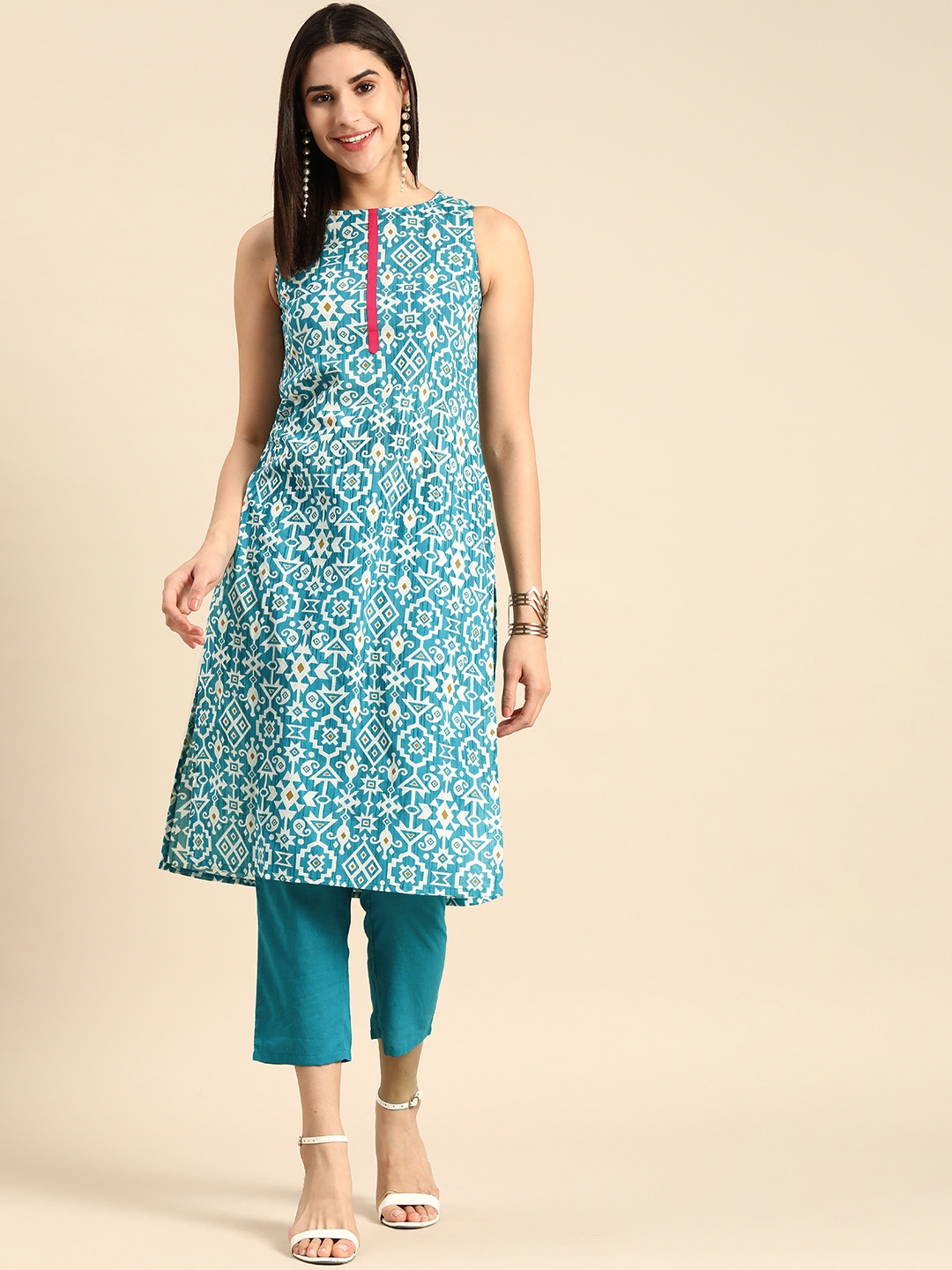 

Anouk Women Pure Cotton Ethnic Motifs Printed Kurta With Trousers, Blue