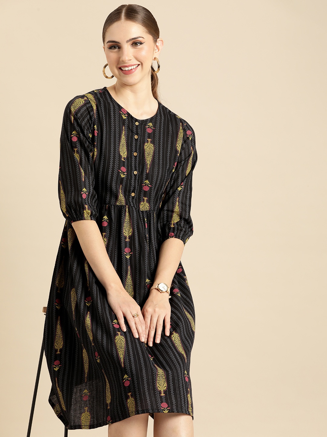 

Anouk Ethnic Motifs Printed Pure Cotton Ethnic Fit & Flare Dress, Black