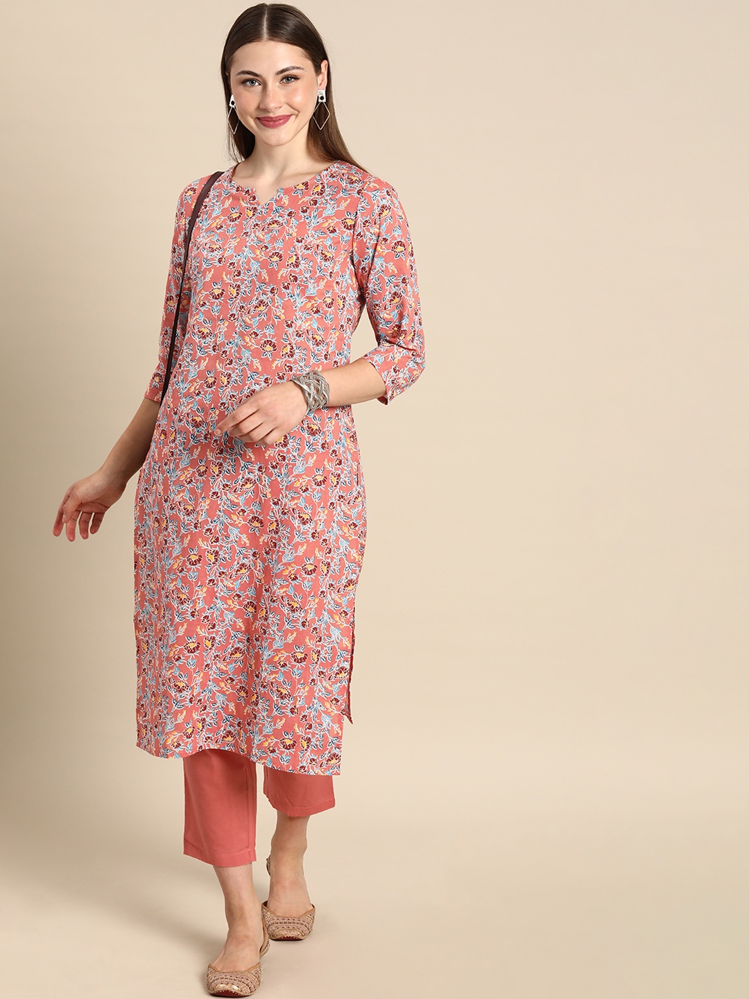 

Anouk Women Floral Printed Pure Cotton Kurta with Trousers, Peach