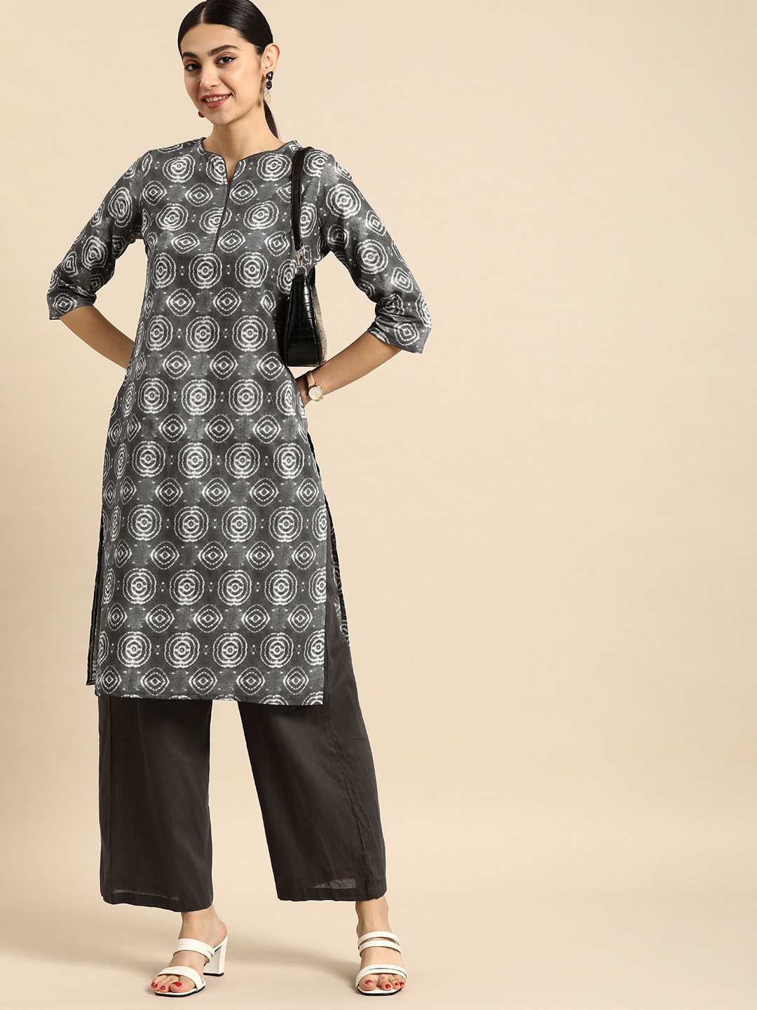 

Anouk Women Geometric Printed Pure Cotton Kurta with Palazzo, Grey