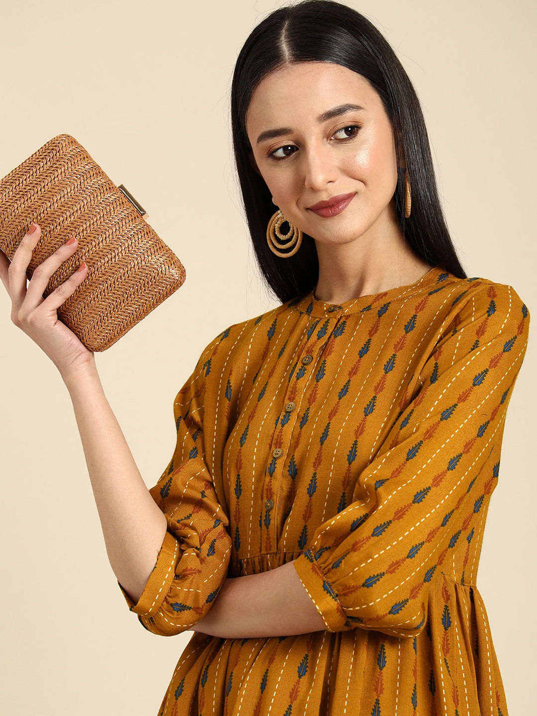 

Anouk Ethnic Motifs A-Line Ethnic Midi Dress, Mustard