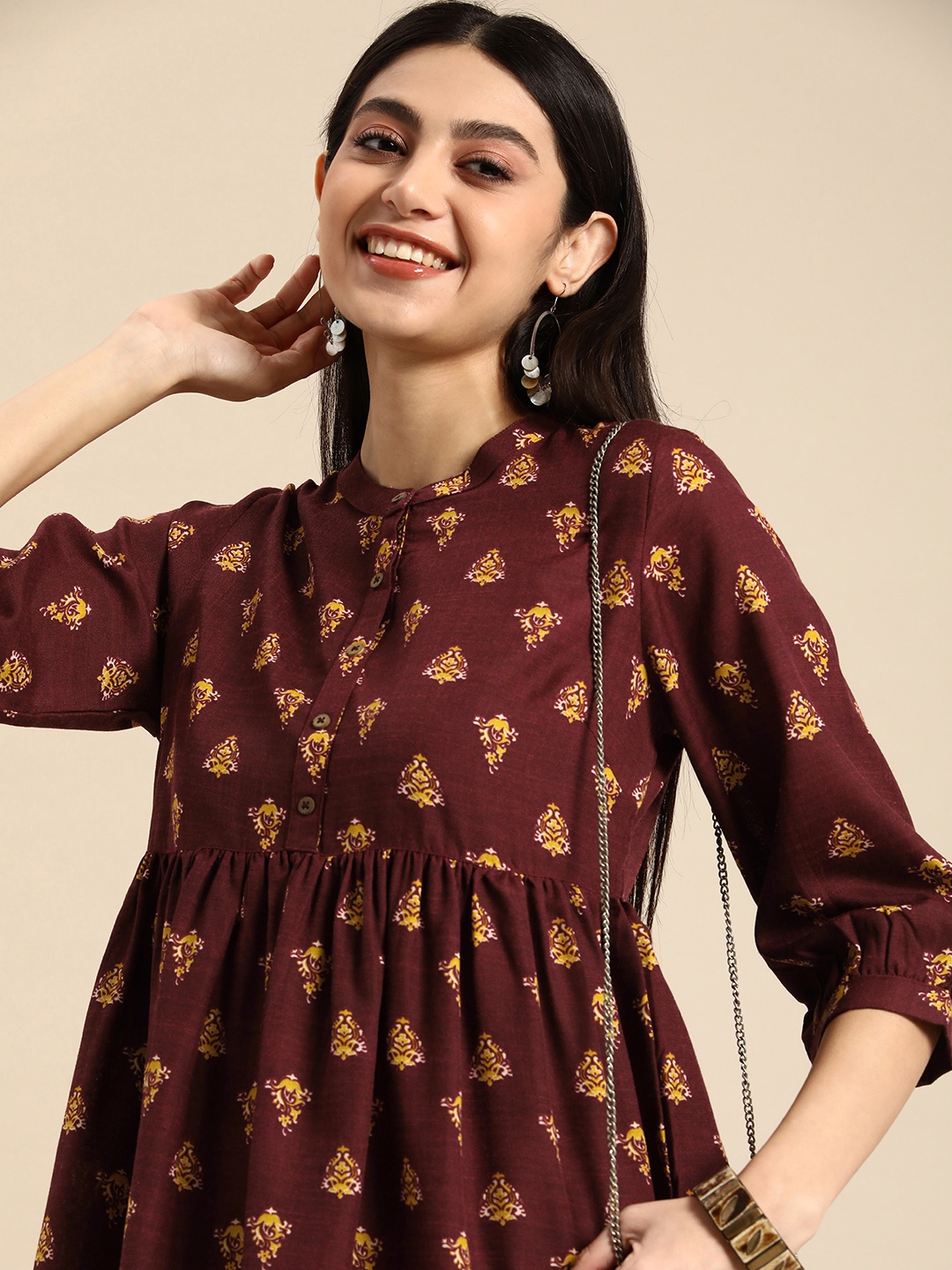 

Anouk Ethnic Motifs Printed A-Line Dress, Burgundy
